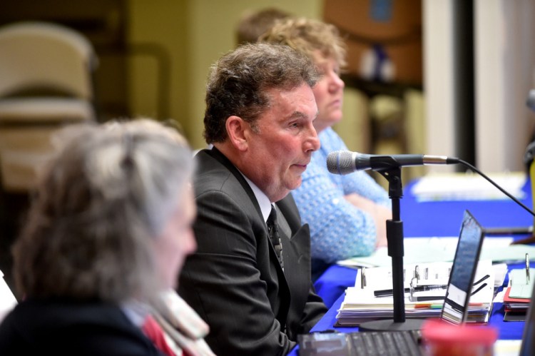 Dr. Tom Ward, superintendent of RSU 9, answers questions regarding the school budget during an RSU 9 budget meeting at Mt. Blue High School in Farmington on April 27. With voters rejecting the revised school budget Thursday, the district has 45 days to come up with a new budget and present it to voters in referendum.