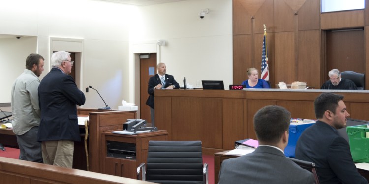 Alexander Biddle, 23, of Pittston, far left, pleads not guilty to a manslaughter charge at the Capital Judicial Center in Augusta on Thursday before Justice Donald Marden.