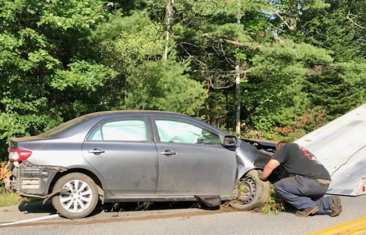 This 2012 Toyota Corolla was destroyed Wednesday morning off China Road in Winslow after the driver veered off the road.