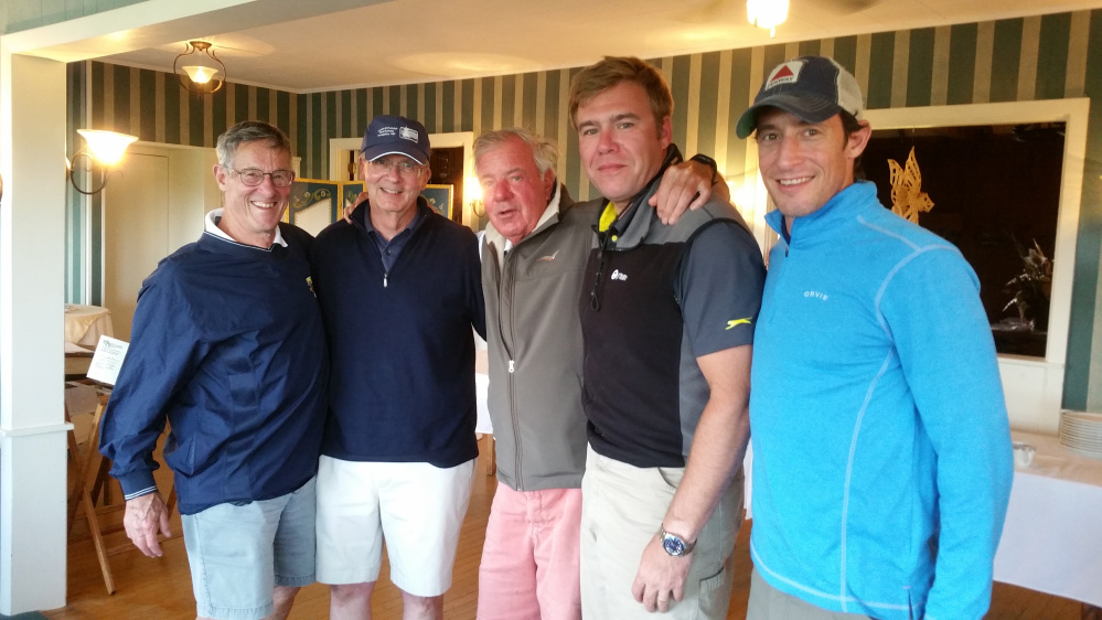 Men's 1st Place Flight B winners, from left, are Frank Morse, Rick Walker (master of ceremony), Phelps Carter, Tripp Carter and Peter Morse.