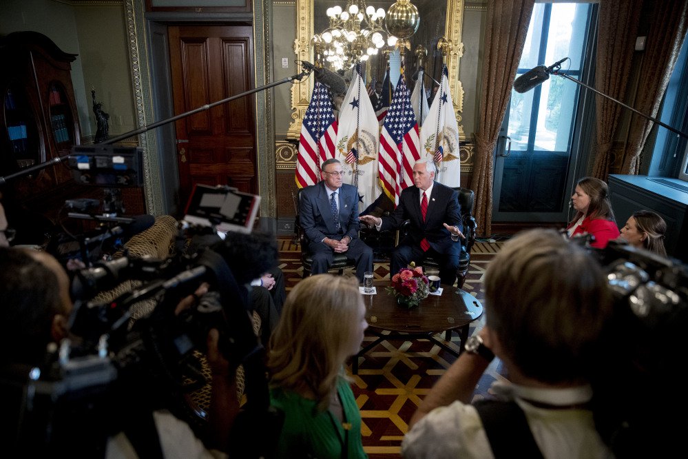 Vice President Mike Pence, center right, accompanied by Maine Gov. Paul LePage, left, lobbied Maine's senators to vote for the Graham-Cassidy bill to repeal Obamacare, but the bill appeared to be short of the 50 votes it needed on Saturday.