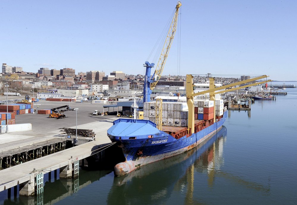 The first of Eimskip's container ships docks at Portland's International Marine Terminal in 2013, unloading 96 containers from the Skogafoss. Eimskip began weekly container ship service to Portland in December of that year.