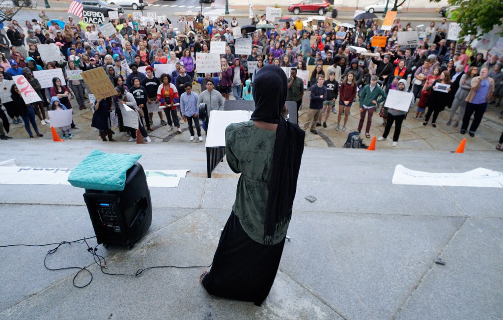 Portland activist Hamdia Ahmed speaks at a Sept. 8 rally at Portland City Hall in support of the Deferred Action for Childhood Arrivals program.