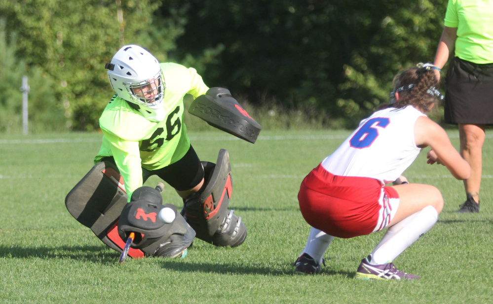 Messalonskee High School's Kaitlyn Smith (6) watches a shot go past Cony High School's Jacqueline Carlton and just wide of the goal during first-half action in Oakland on Thursday.