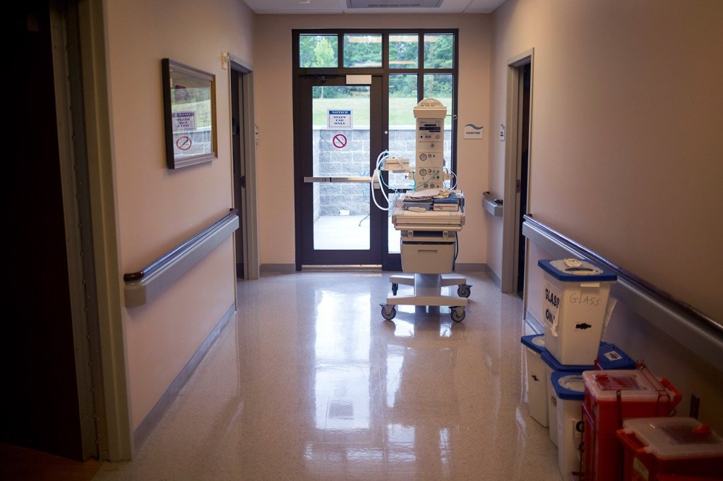 An incubator sits in the empty hallway in the obstetrics unit at Calais Regional Hospital. The unit discharged it's last patient on Aug. 29, 2017.