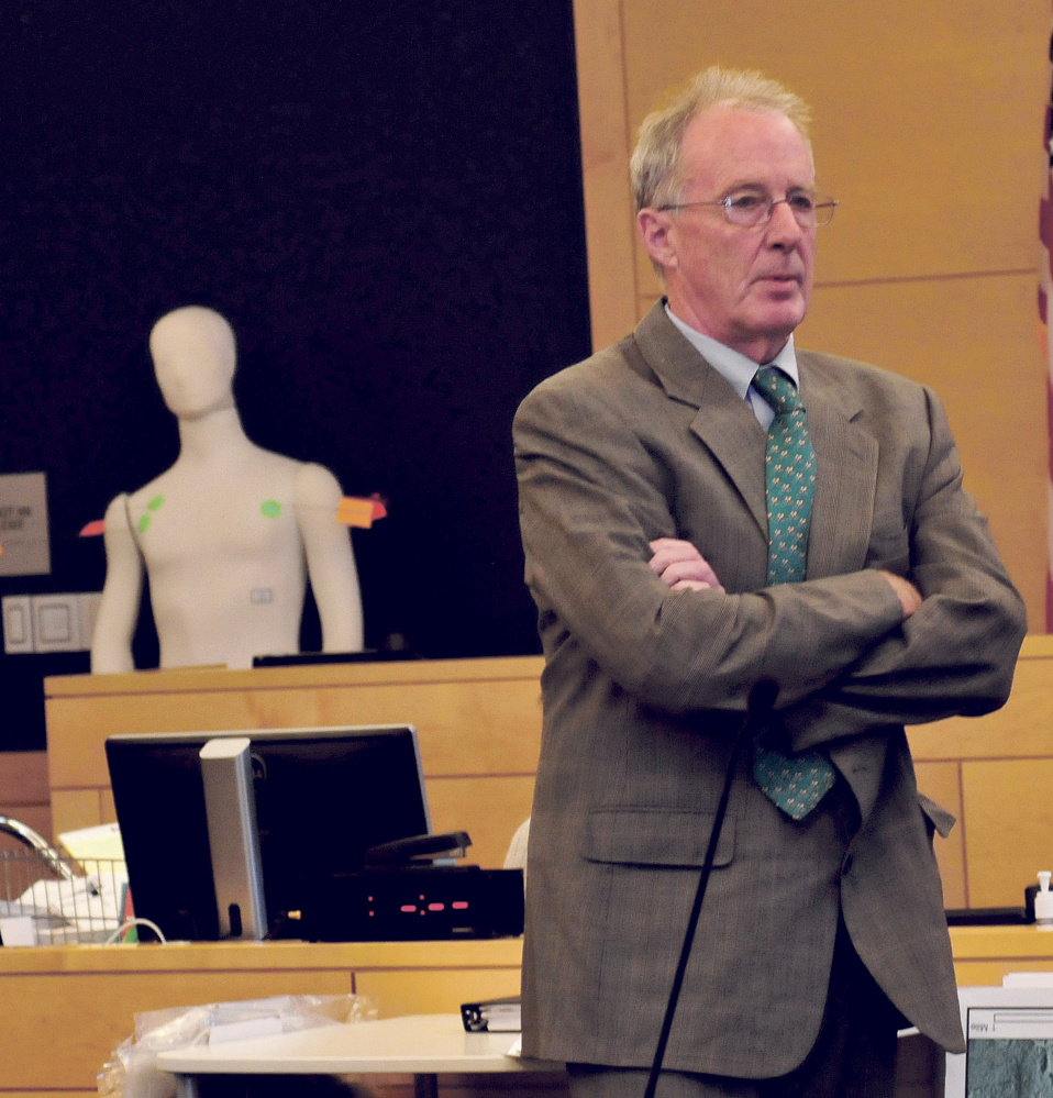 Assistant Attorney General John Alsop speaks to the jury during the trial of Robert Burton for the murder of Stephanie Gebo at Penobscot Judicial Center in Bangor on Monday.