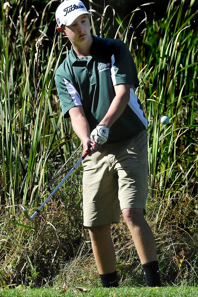 Winthrop's Cameron Hachey hits a shot during the Mountain Valley Conference qualifier Wednesday at Natanis Golf Course in Vassalboro.