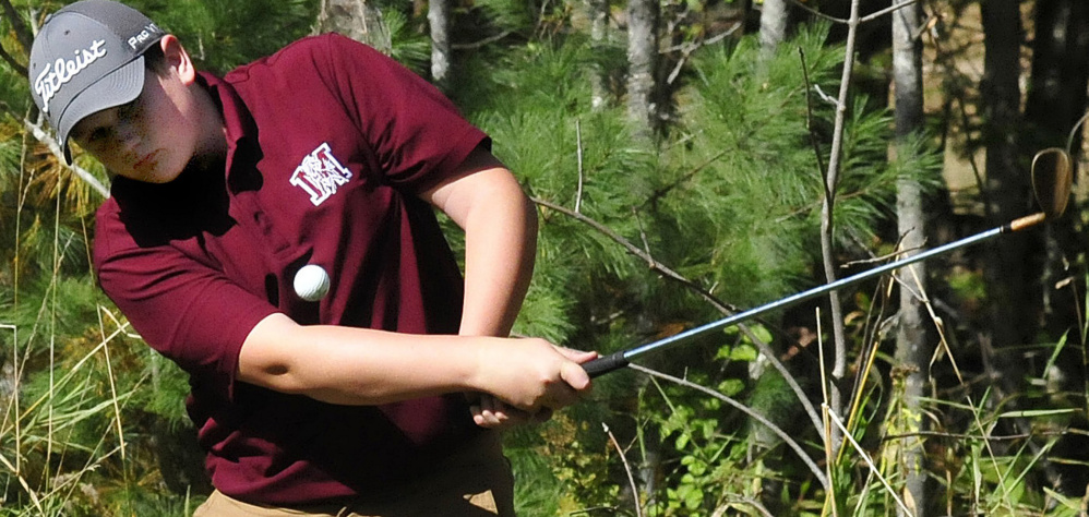 Ryan Burnham of Monmouth hits a shot during the Mountain Valley Conference qualifier Wednesday at Natanis Golf Course in Vassalboro.