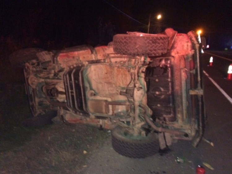 A Jeep Wrangler landed on its side on the Mercer Road after it was struck by another car.