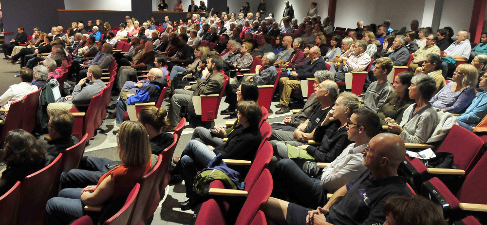 The Ayotte Auditorium at Thomas College in Waterville was packed Tuesday night for a debate among mayoral candidates Nick Isgro, John Levesque and Erik Thomas.