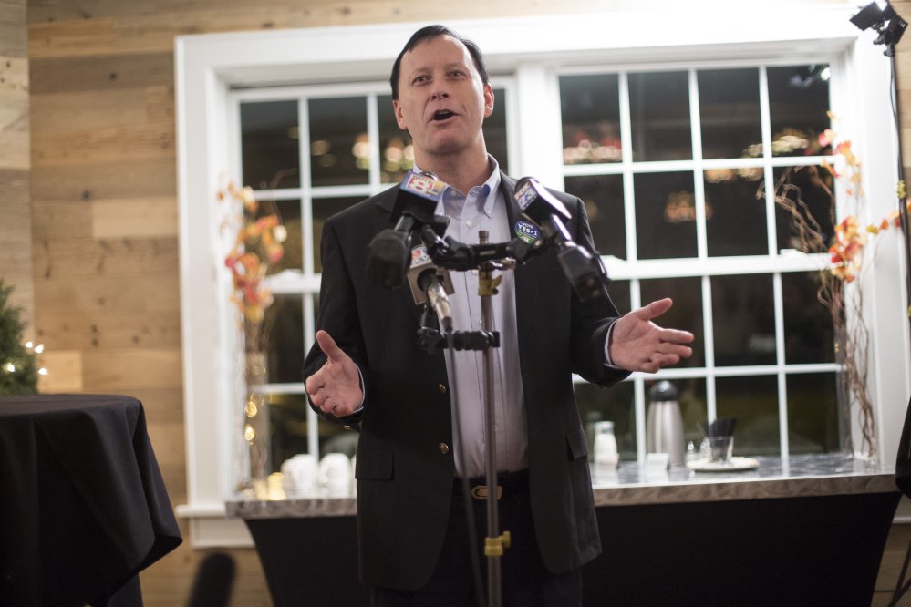 Conceding the election loss, casino entrepreneur Shawn Scott addresses supporters at Bruno's Restaurant. "I want to thank everyone for joining in what we thought, and still believe, is a great project for Maine," he said.