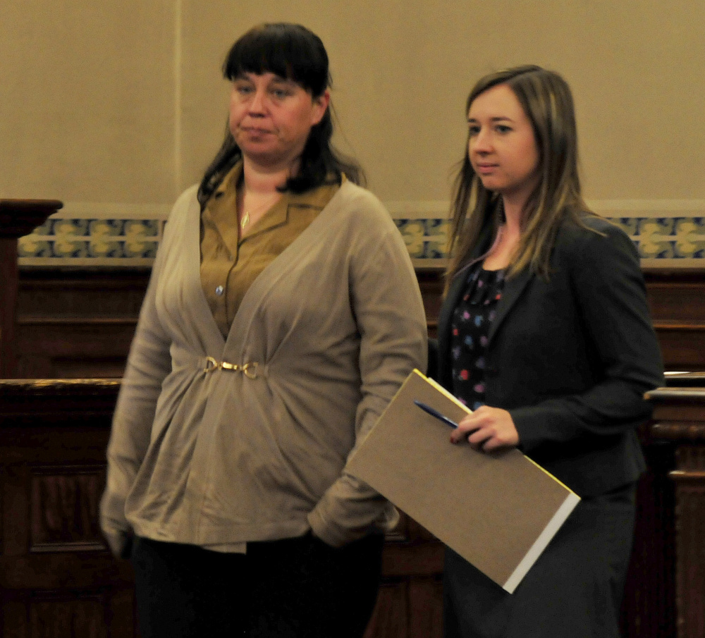 Miranda Hopkins, of Troy, left, enters Waldo County Superior Court in Belfast with her attorney Laura Shaw on Oct. 31, the first day of her trial on a manslaughter charge in the death of her infant son. A jury found her guilty on Nov. 7.