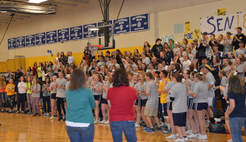 Students arrived at school before 6 a.m. Oct. 13 to participate in the WGME School Spirit Challenge at Mt. Blue High School in Farmington. Students and the staff raised the equivalent of 32,740 pounds of food to donate to the Good Shepherd Food Bank in Auburn to help stamp out hunger. The school placed second in the challenge.