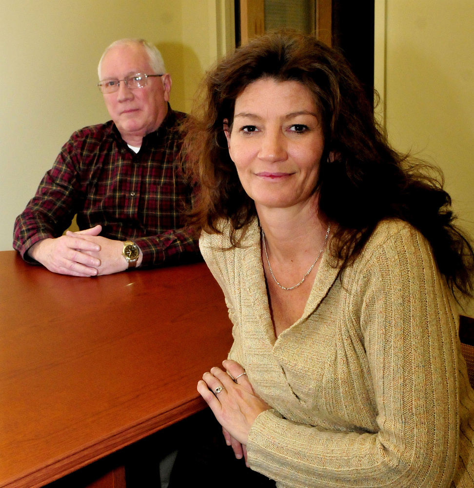 Verna Buker and Waterville Police Chief Joseph Massey at the department on Monday. Buker credits the department's Operation Hope program with getting her 27-year-old daughter into a drug treatment program in Virginia.