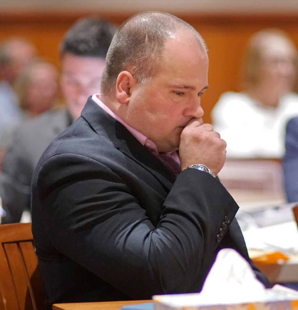 Anthony Sanborn clears his throat while listening to his attorney Amy Fairfield question former Portland detective Daniel Young on Thursday.