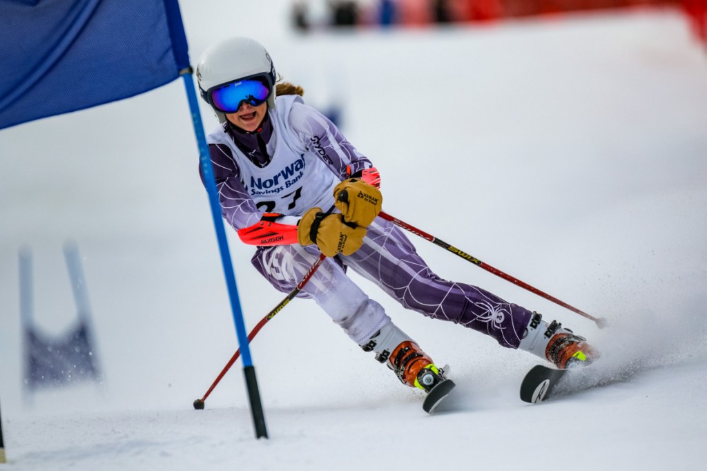 Mt. Blue's Ellie Pelletier skis the lower part of the giant slalom course during  her second run at the class A alpine championships Friday at Mt. Abram in Greenwood. Pelletier finished third in the event.