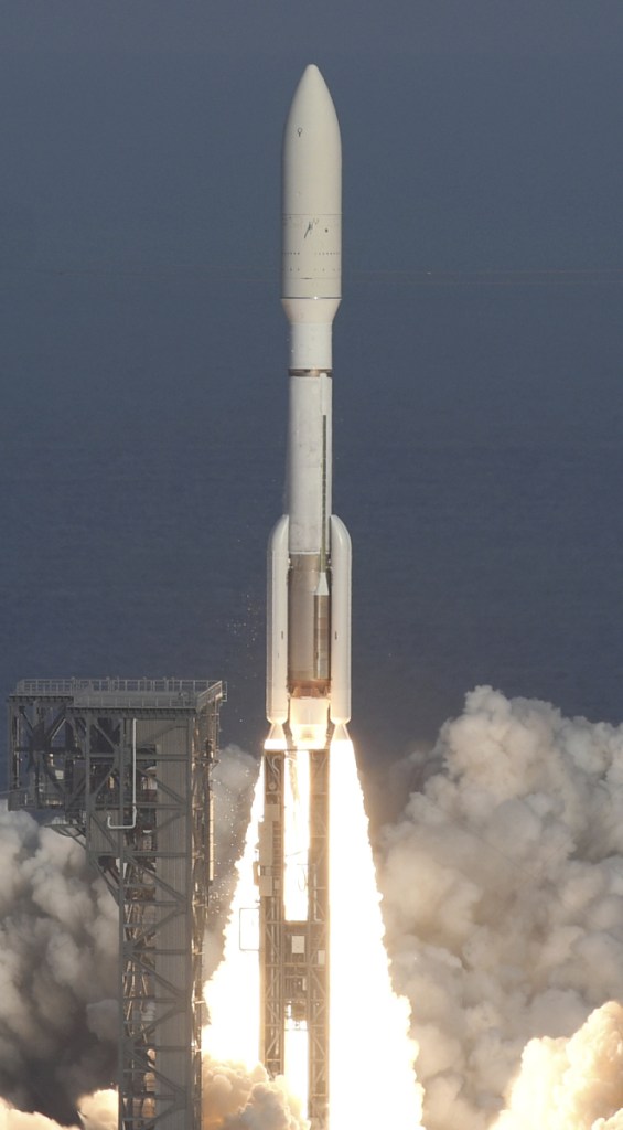 Leaving behind a trail of fire and steam, an Atlas V rocket lifts off from Cape Canaveral Air Force Station on Thursday with a new GOES-S satellite.