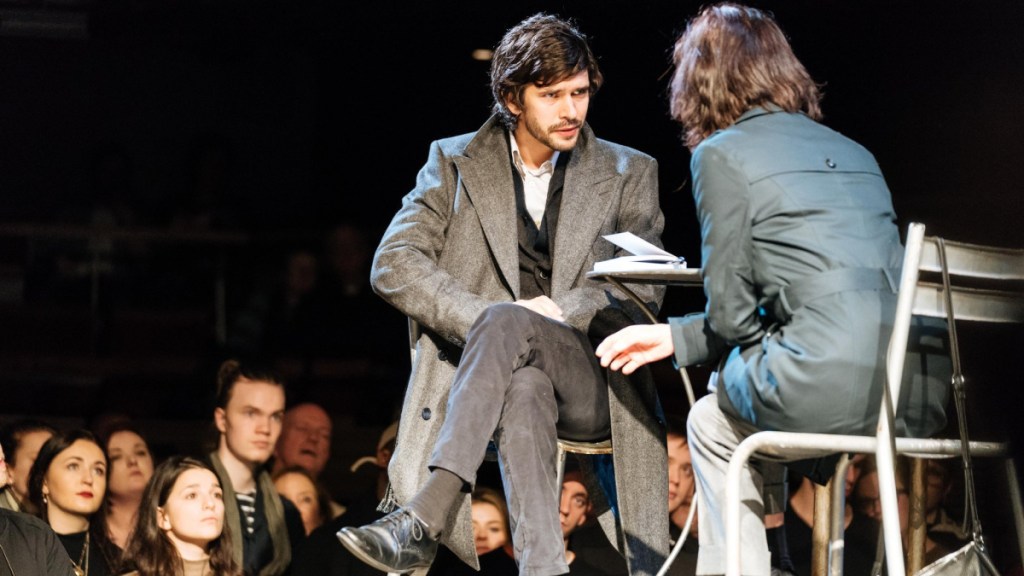 tl-r Ben Whishaw (Brutus) and Michelle Fairley (Cassius) - Julius Caesar at the Bridge Theatre - Photo credit Manuel Harlan