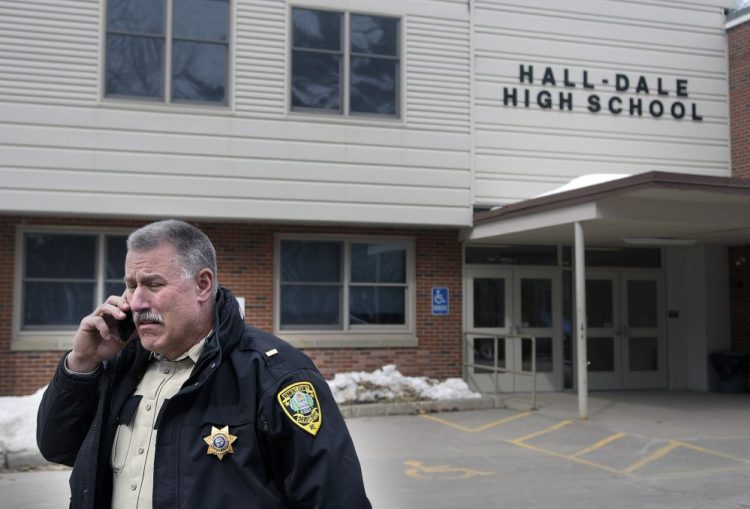 Lt. Chris Read, of the Kennebec County Sheriff's Office, oversaw a search Wednesday morning of Hall-Dale High School in Farmingdale after police received a report of a bomb threat on a bathroom wall.