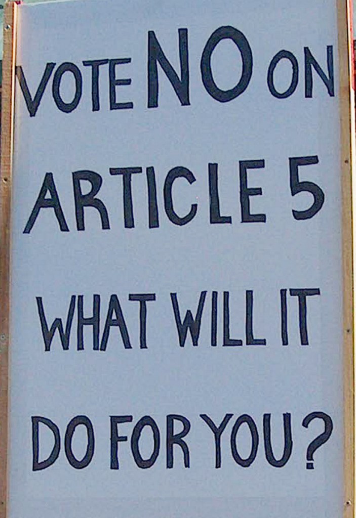 This sign was posted Friday along the driveway entrance to the Belgrade Town Office. It had been removed temporarily Friday morning by town officials who replaced it after determining it was posted more than 250 feet from the door to the polls, as required.