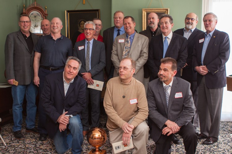 Members of the 1978 Cony basketball team included, front row from left to right, Steve Busque, Allyn Bridge and Tony Seymour. Middle row, Steve O'Brien, Doug Drummond, Dave Gallagher, Gary Towle and assistant coach Rusty Atwood. Back row, John Fitts, Mark Sutton, Ralph Colfer, Ray Felt, Kirk Cooper and Augusta Mayor Dave Rollins