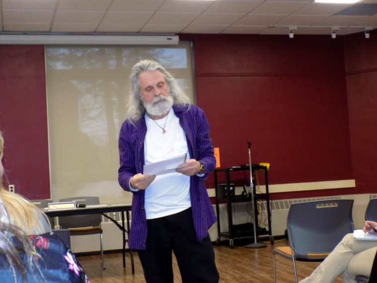 Jim Mello, University of Maine at Farmington instructor and alcohol and drug counselor, speaks about medically assisted treatment for opioid addiction Wednesday at the second annual Addiction Forum at the University of Maine at Farmington.