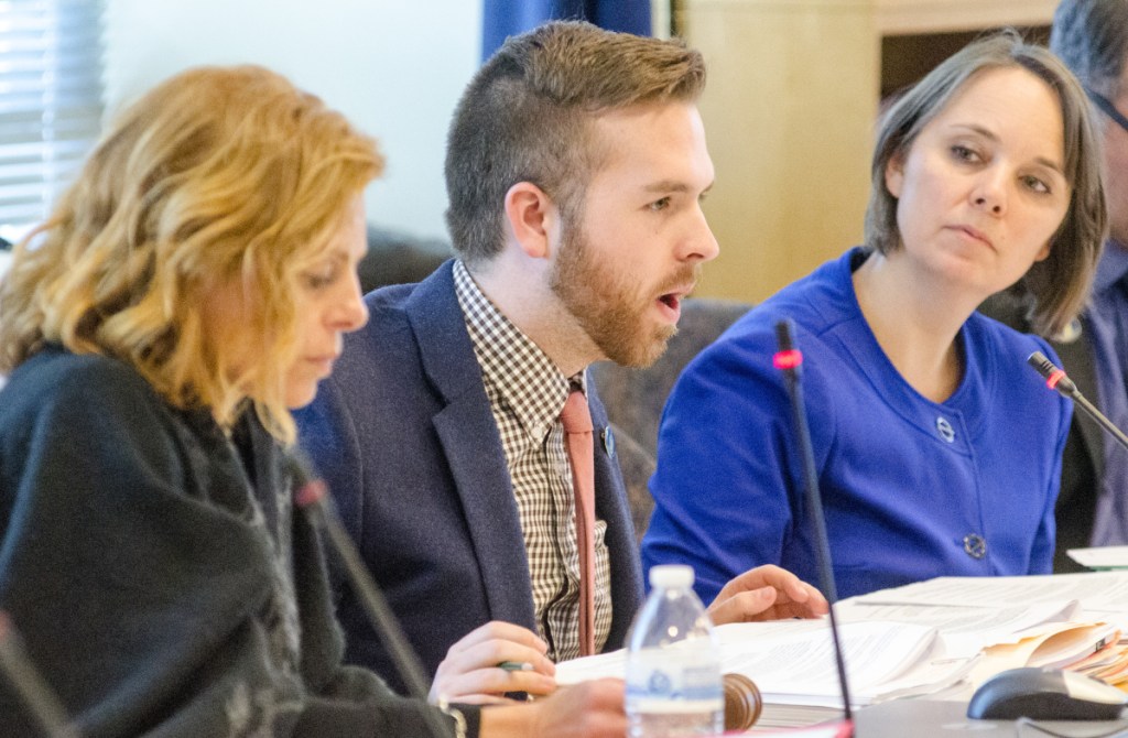 Co-chairwoman Sen. Amy Volk, R-Scarborough, left, and Co-chairman Rep. Ryan M. Fecteau, D-Biddeford, along with committee member Sen. Shenna Bellows, D-Manchester, address L.D. 1770 and problems with the state labor department's new unemployment claims system March 6 at a work session of the Committee on Labor, Commerce, Research and Economic Development in Augusta.