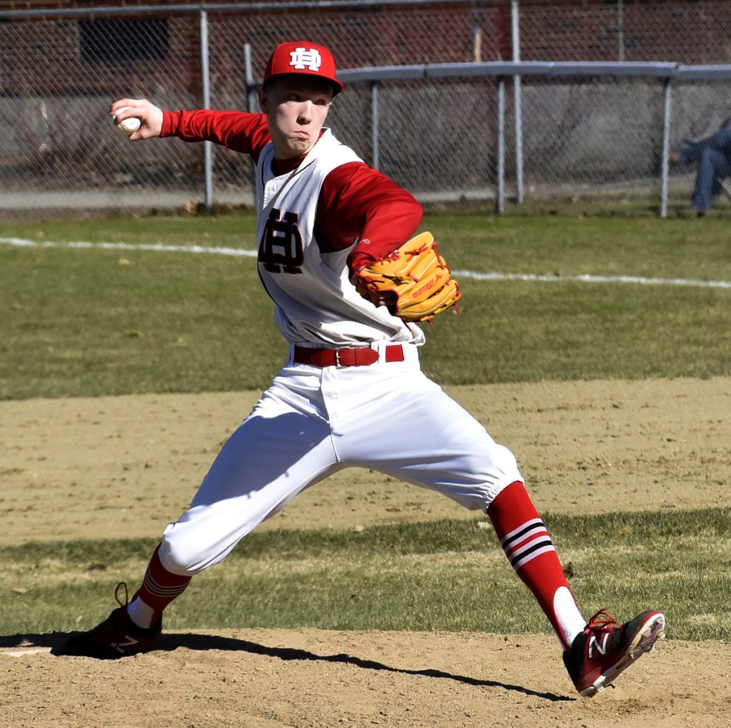 Hall-Dale's Dean Jackman throws a pitch against Bridgeway during a Mountain Valley Conference game Monday in Farmingdale.