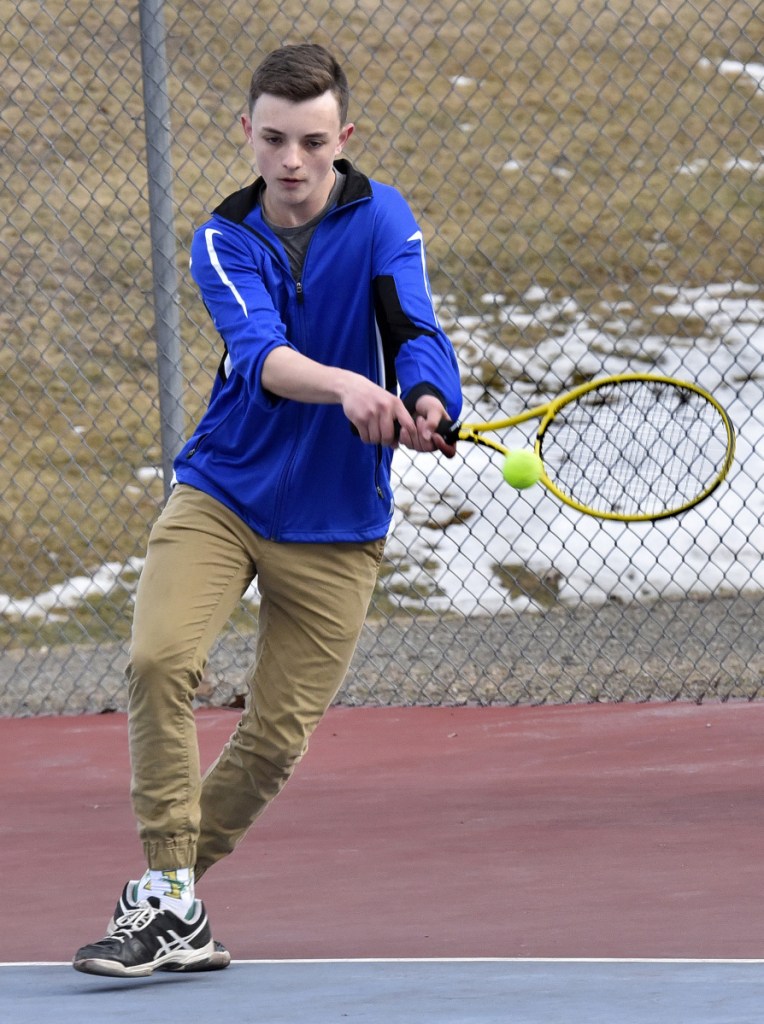 Erskine's Nick Howes returns a shot during practice earlier this month in South China. Howes is playing No. 1 singles for the Eagles.