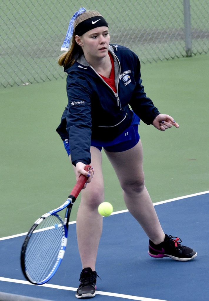 Messalonskee's Amanda Wiswell returns a shot against Cony on Monday in Belgrade.