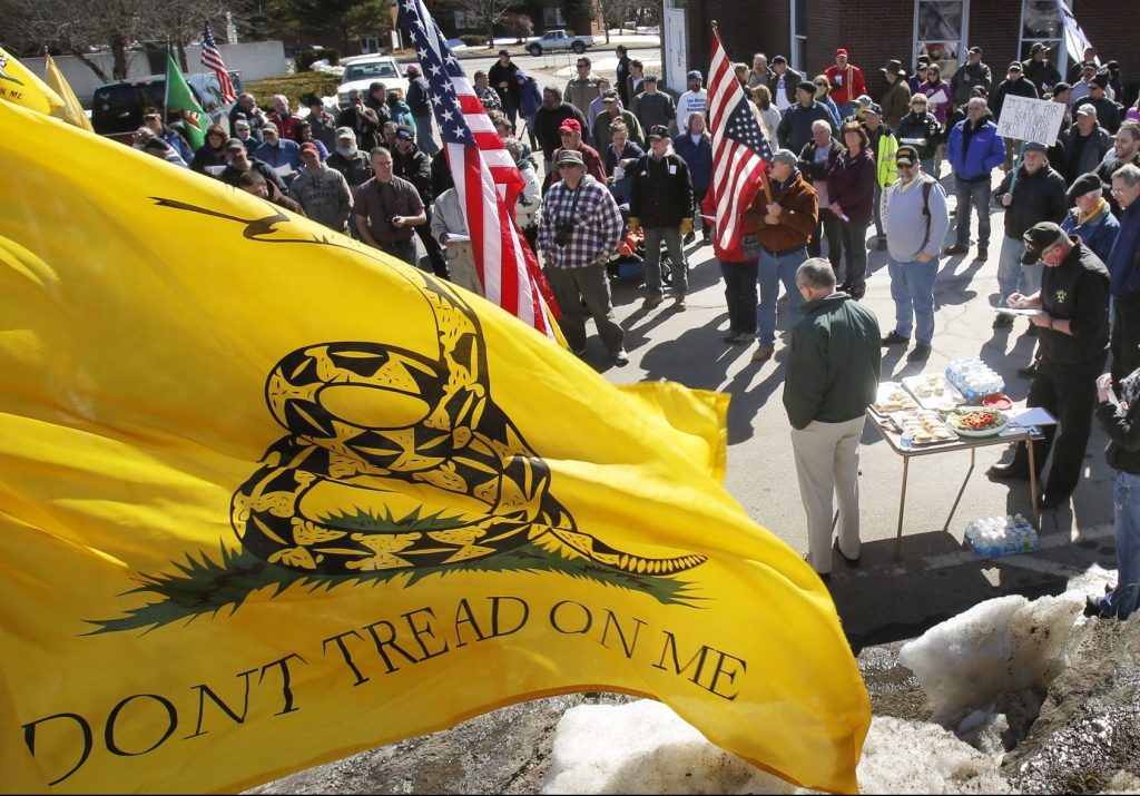 About 175 people attend a rally protesting gun control legislation and supporting gun rights in Wiscasset on March 9, 2013. A rally in support of the 2nd Amendment is planned Saturday in Augusta. 
(Portland Press Herald file photo by Gregory Rec)