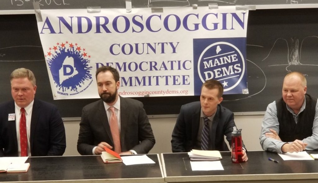 Democratic 2nd District congressional candidates, from left, Craig Olson, Lucas St. Clair, Jared Golden and Jonathan Fulford appear at a March forum at Bates College. Fulford suspended his campaign in April for personal reasons.