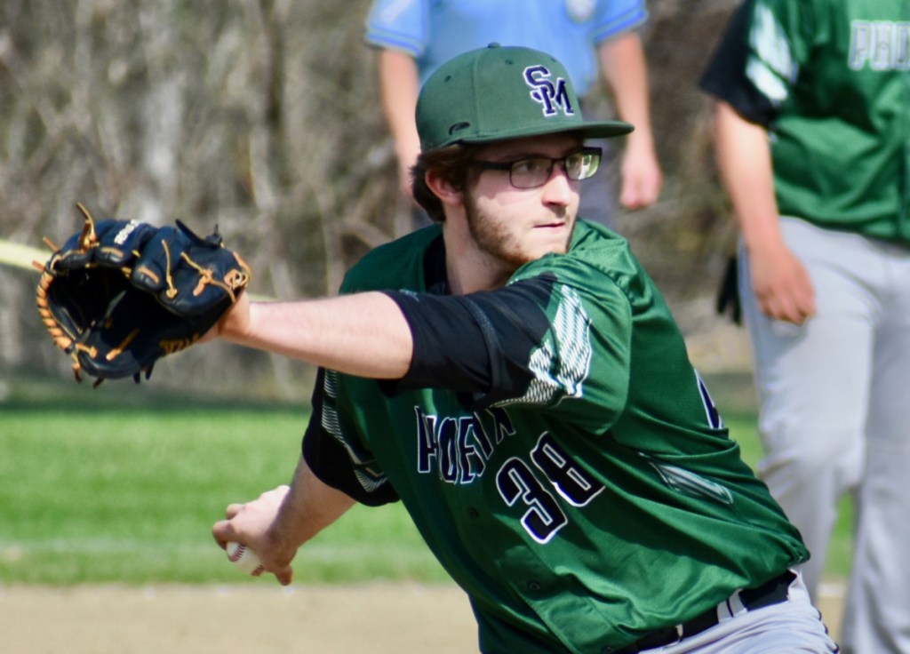 Spruce Mountain starting pitcher Logan Moffett goes into his windup against Hall-Dale in a baseball game Wednesday at Griffin Field in Livermore Falls.