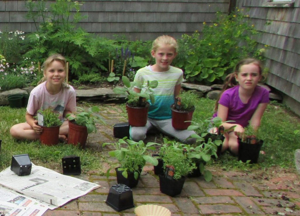 Addie Miller, left, Piper McKane and Flannery Brady pot herbs in front of the Chapman-Hall herb garden. The historic house will be open for Mother's Day for tours and a plant sale.