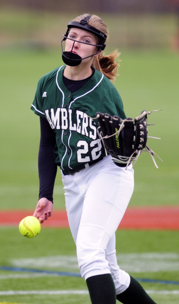 Staff photo by Joe Phelan 
 Winthrop pitcher Layne Audet is in her third season in the circle for the Ramblers.