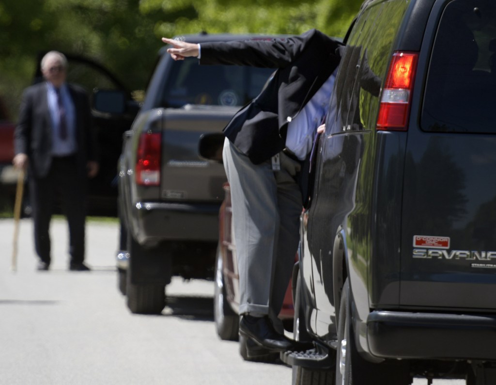 Justice William Stokes addresses a jury, sitting inside the van, at a farm in Sidney on Tuesday during the opening arguments of the Alexander Biddle manslaughter trial. Attorneys and Justice Stokes escorted the jurors to several locations in Sidney to see where Biddle drove an ATV on Sept. 18, 2015, that ended in a crash that killed 18-year-old Halee Cummings.