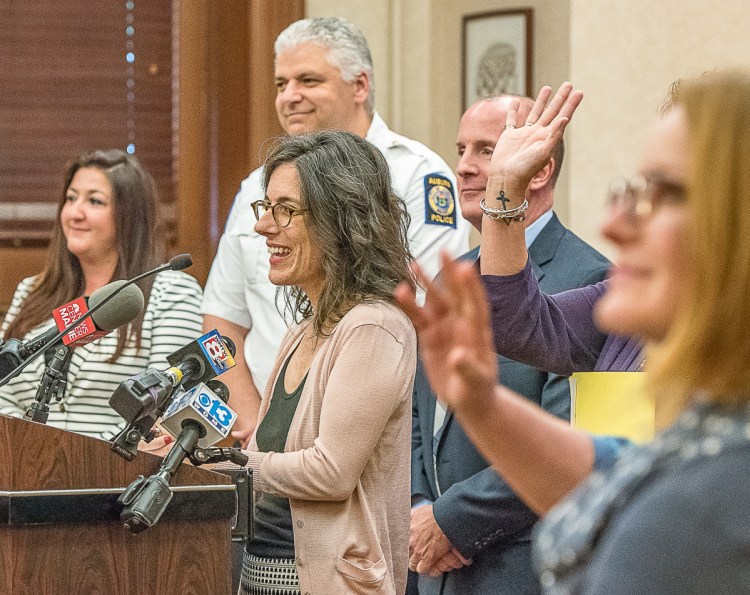 Elise Johansen, executive director of Safe Voices, announces a safe house for survivors of sex-trafficking and exploitation in Androscoggin County.