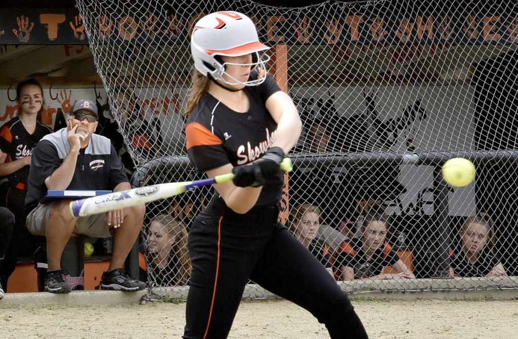 Skowhegan batter Annie Cooke keeps her eyes on a pitch during a Class A North quarterfinal game against Bangor on Thursday in Skowhegan.