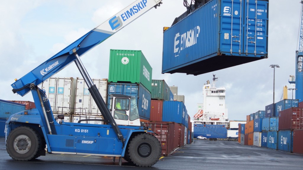 Photo: Tom Bell/Press Herald 
 After getting advice from Eimskip employees, officials with the Maine Port Authorty this week decided to order a reach stacker like this one at the Eimskip yard in Reykjavik. The vehicle, which is expected to arrive by ship from its manufacturer in Sweden before the end of the year, will replace a 13-year-old reach stacker in Portland that is wearing out due to the increased workloads at the International Marint Terminal since Eimskip arrived in the port last spring.  The reach stacker costs $500,000.