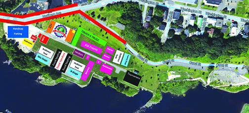 Kennebec River Days map of Mill Park.
There will be handicap parking in the Mill Park parking lot. 
Additional parking will be throughout downtown.
A shuttle will be available to take attendees to and from the event.