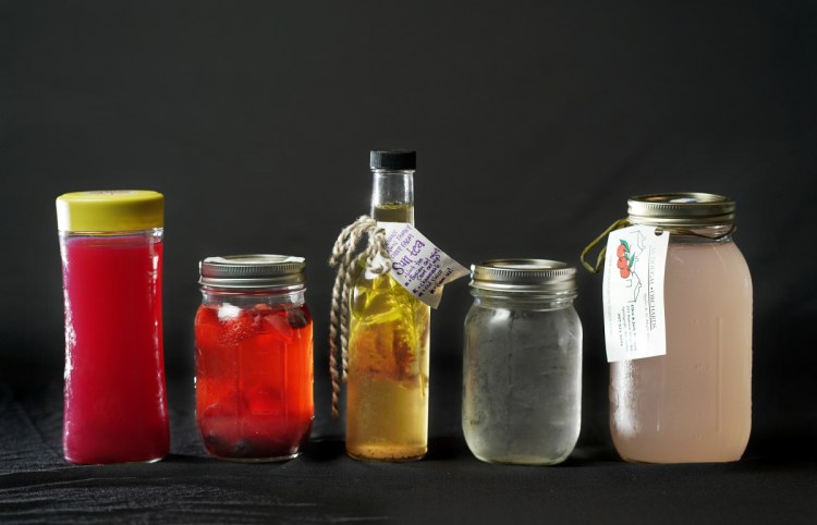 For this year's Springvale Farm Walk, being held on July 22, farmers are each making a cooling local drink for the walkers. From left are Blueberry Infused Water from Rivard Farm, Blueberry Mint Lemonade from Ferment Farm, Sun Tea from Noon Family Sheep Farm, Switchel from Twin Maples Farm and Rhubarb Mint Tea from McDougal Orchards.