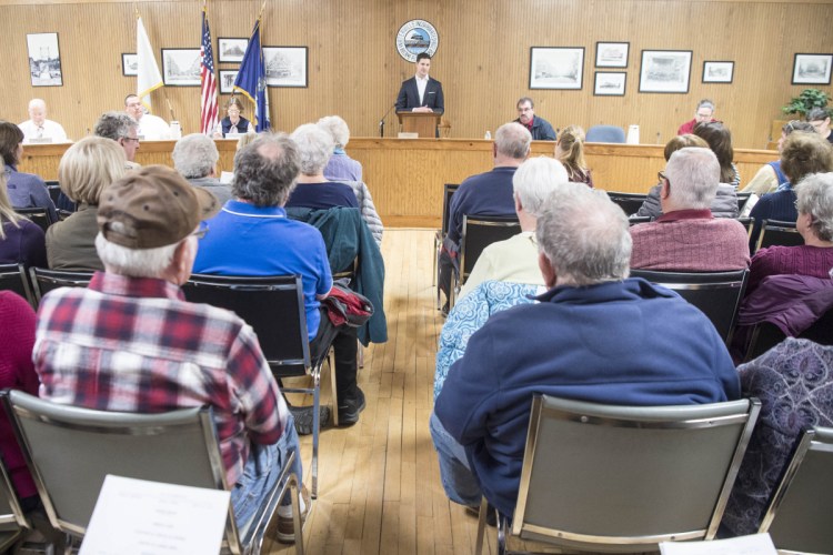 Waterville city mayor Nick Isgro opens the city council meeting in City Council Chambers on April 3. The Council meets Tuesday night to consider declaring an emergency and approving funds for city and school operations.