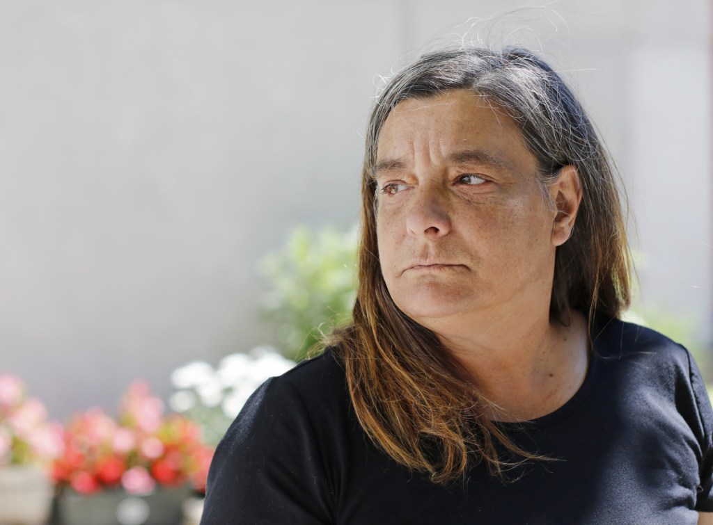 Christine Collins, of Gray, appears on Thursday outside the Cumberland County Courthouse in Portland. Collins is the mother of Bonnie Royer, the woman who was killed by David Marble Jr.