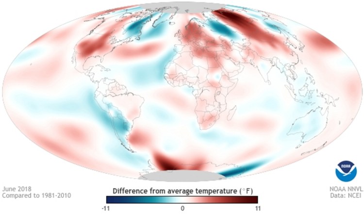A graphic from the National Oceanic and Atmospheric Administration shows global difference in temperature in June 2018 compared to 1981 through 2010.
