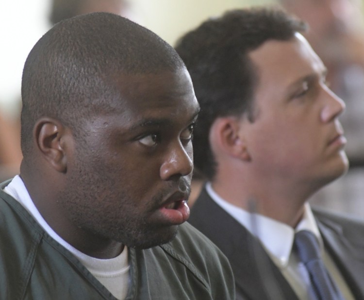 Damik Davis, left, listens Aug. 22, 2017, with attorney, Caleb Gannon, to Justice Daniel Billings during Davis' plea of guilty to felony murder and robbery charges at Lincoln County Superior Court in Wiscasset. Davis admitted his role in the Augusta death of Joseph Marceau's death on Nov. 23, 2015.