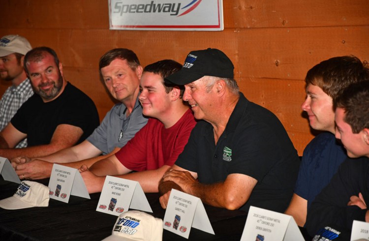 Photo by Norm Marx/Pro All Stars Series 
 From left to right, Johnny Clark, Tim Brackett, Gabe Brown, Mike Rowe, Garrett Hall and Derek Griffith answer questions from the media during Oxford 250 Media Day on Wednesday at the Honey Badger Bar & Grill next to Oxford Plains Speedway in Oxford.