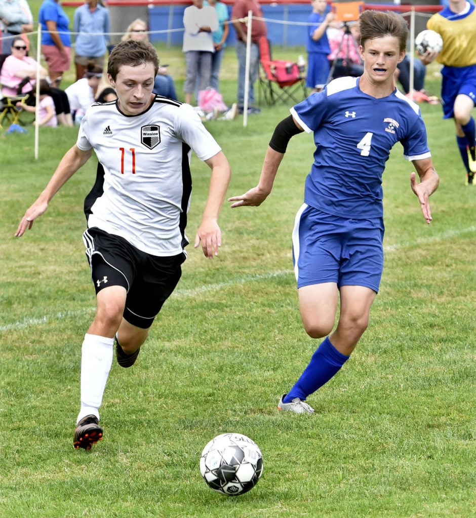 Staff photo by David Leaming 
 Chase is on: Winslow captain Isaac Lambrecht, left, and Messalonskee's Cam Croft chase after the ball during a preseason game last month in Oakland. The Black Raiders and Eagles should be strong again in Kennebec Valley Athletic Conference Class B and A, respectively.