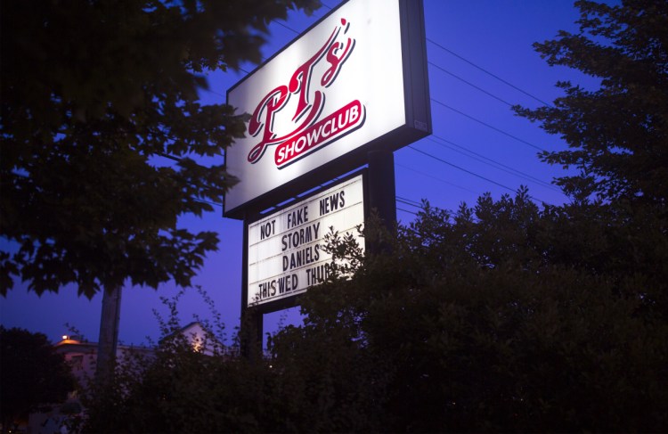 The PT's Showclub's sign promotes Stormy Daniels' performance in Portland on Wednesday night.