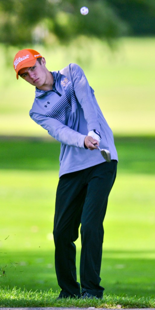 Staff photo by Joe Phelan 
 Gardiner's Cam Bourassa hits onto the 11th green during the KVAC Shootout at Rockland Golf Club.