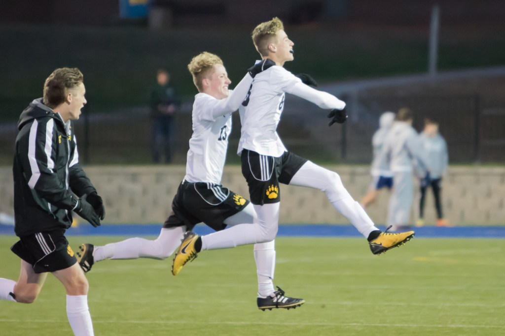 Maranacook Maranacook's Aric Belanger and Duncan Rogers celebrate after Belanger scored the game-winning penalty kick against Hall-Dale on Friday in a Class C South semifinal game in Lewiston.